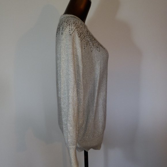crew-neck silver metalic thread acrylic sweater sequin and beaded vintage 1980s - Picture 16 of 16